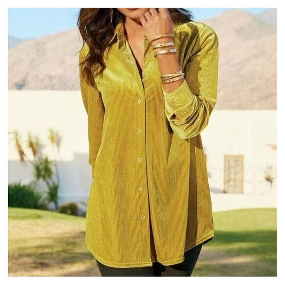 Soft Surroundings Women’s Amber Green Mustard Yellow Ribbed Velvet Casual Oversi